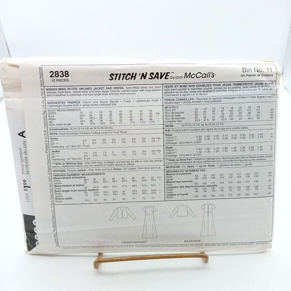 UNCUT Vintage McCalls 2838 Stitch N Save Sewing Pattern Misses Sizes 18-22 Dress - Picture 2 of 2